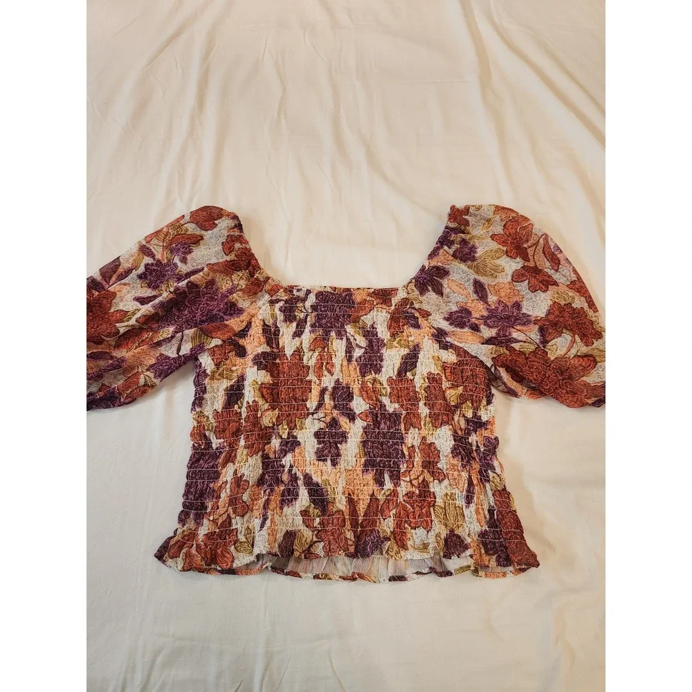 Old Navy Women XL Floral Smocked Puff Sleeve Blouse Square Neck Orange Purple‎